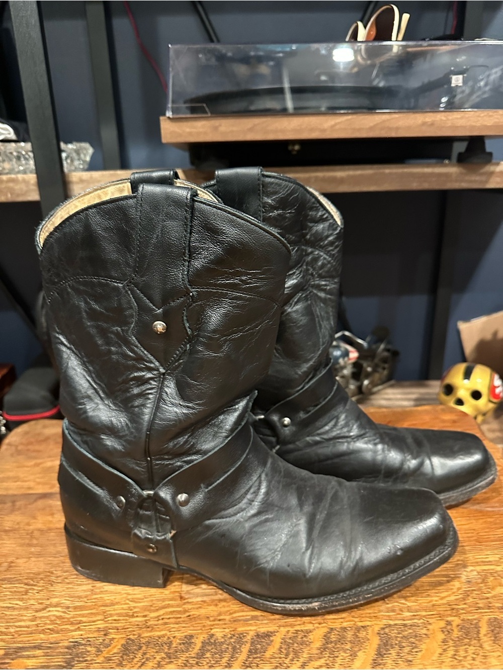 Men's Black Leather Western Harness Boots - Classic Riding Style - Picture 3 of 8